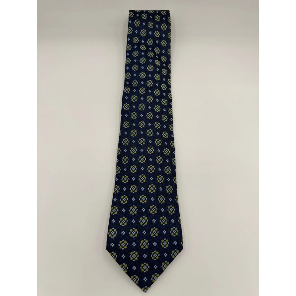 Joseph Abboud Mens Silk‎ Necktie Navy Blue Yellow Floral Medallion Geometric Tie